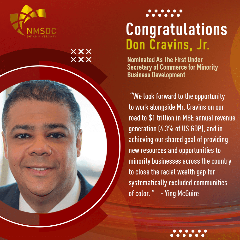The National Minority Supplier Development Council is thrilled regarding the news of Don Cravins’ nomination to fill the newly established position of the Under Secretary of Commerce for Minority Business Development (MBDA) at the Department of Commerce.