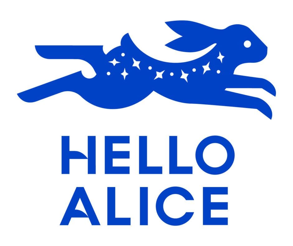 Hello Alice 徽标图片，文字 "Hello Alice "上有一只蓝色的兔子。 