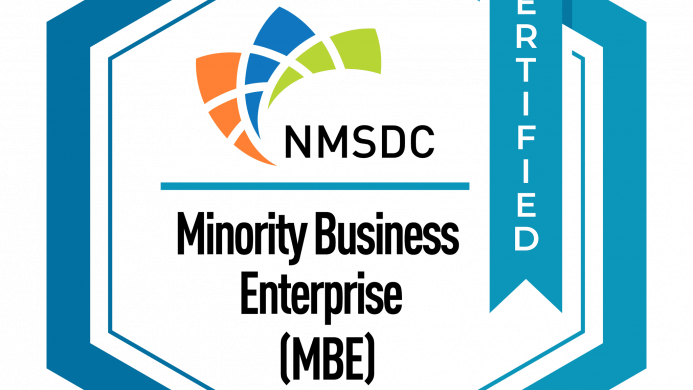 Certification Badge Blue and White Credly badge that says NMSDC, Minority Business Enterprise (MBE).