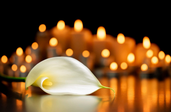 Calla,Lily,Flower,On,The,Grave,And,Blurred,Lighted,Candles In Memoriam Header Graphic